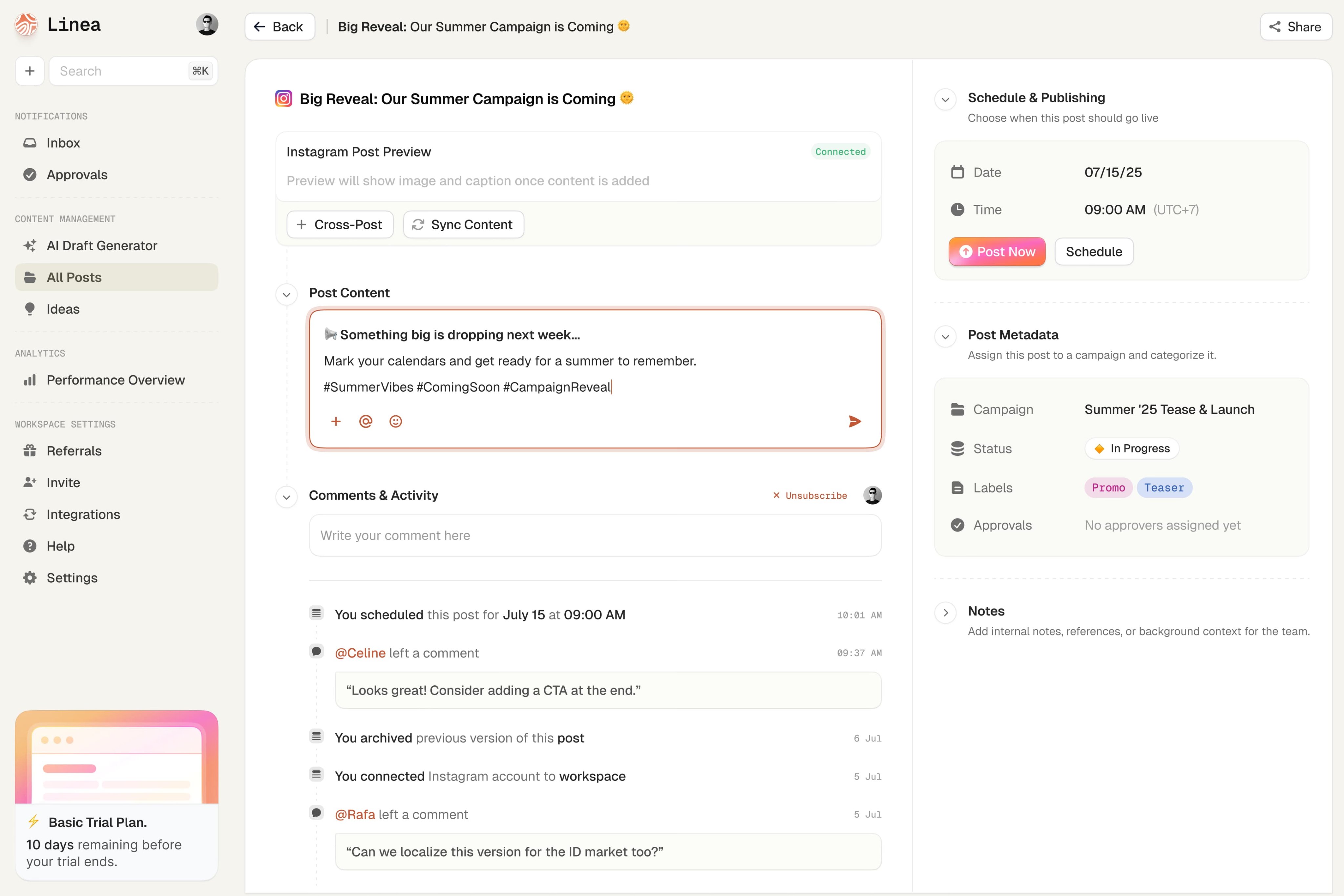 Linea social media scheduling tool UI